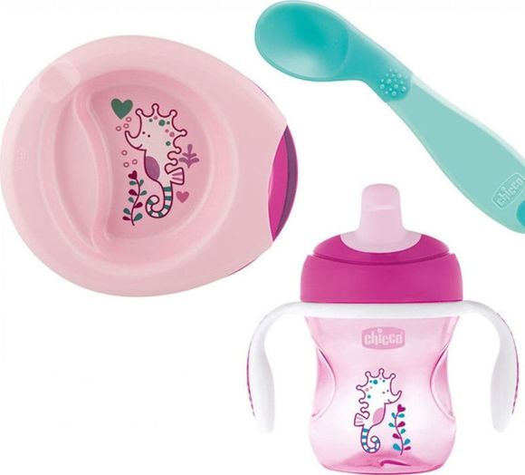 Εικόνα της Chicco σετ φαγητού από 6m+ ροζ Πιατάκι/μπωλ ποτηράκι σετ κουτάλι