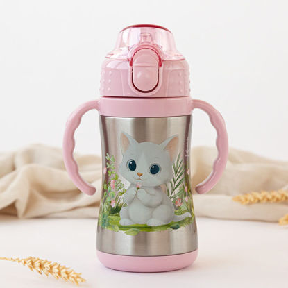 Εικόνα της Kiokids Γατάκι Παιδικό Παγούρι Θερμός Ανοξείδωτο με Καλαμάκι Ροζ 280ml